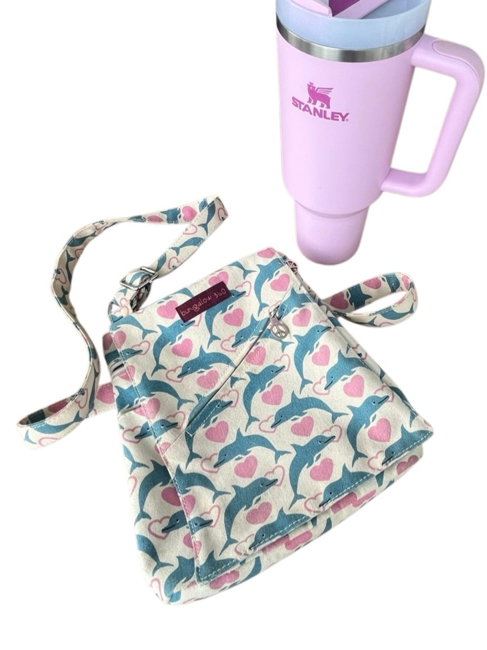 Bungalow 360 Dolphin Heart Canvas Crossbody Bag Adjustable Strap